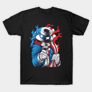 Uncle Sam 4th of July Patriotic I Want You Vintage Red White Blue USA Skull T-Shirt